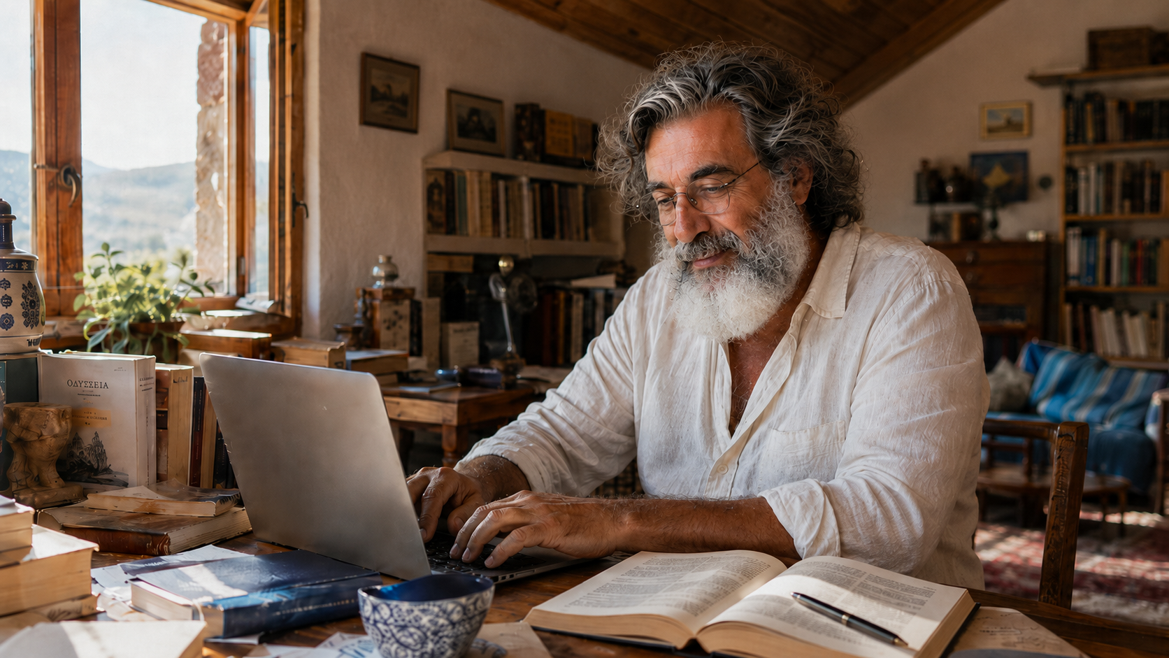 Alexandros Panastagas treballant en un estudi amb llibres