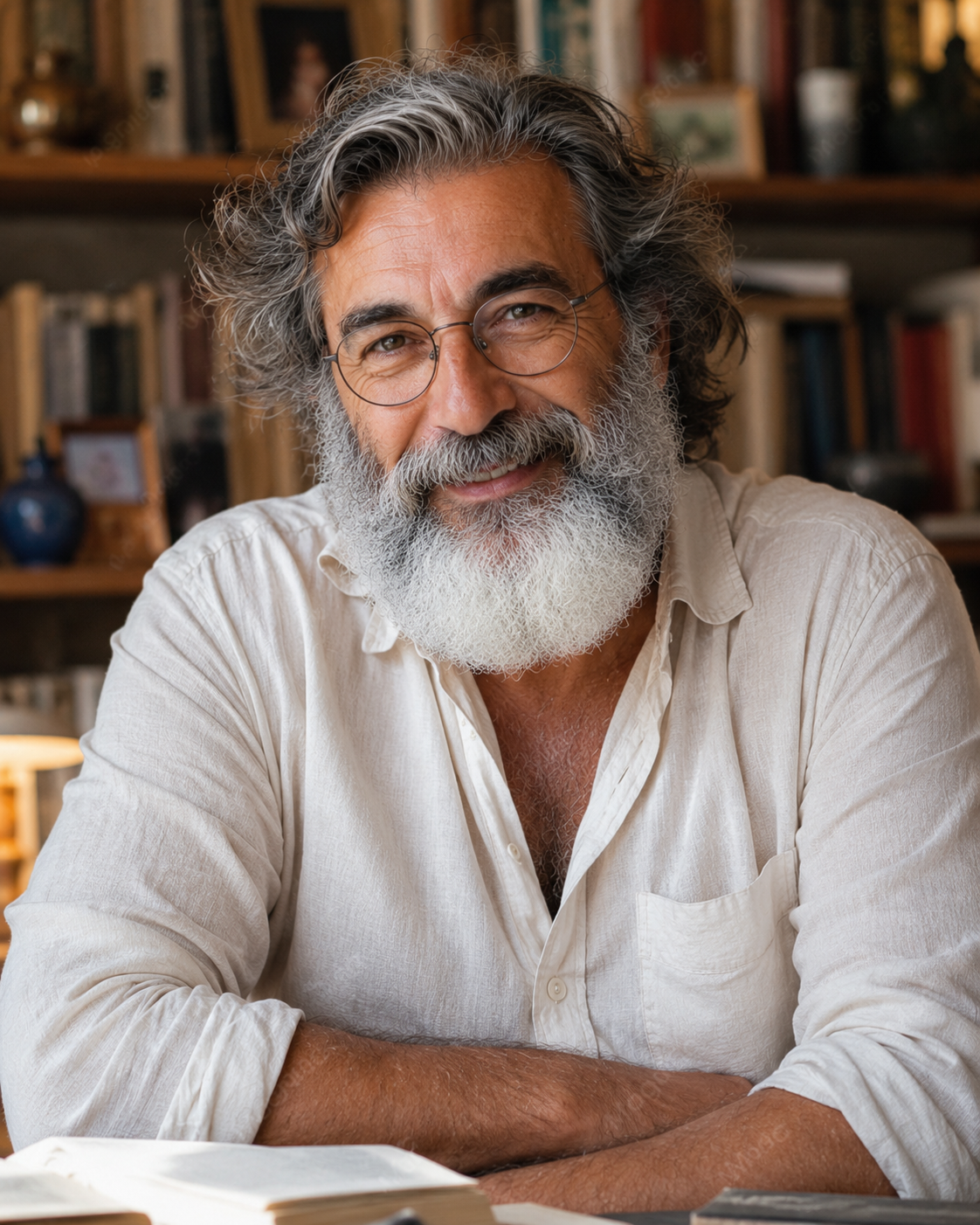 Retrat d'Alexandros Panastagas en un ambient amb llibres